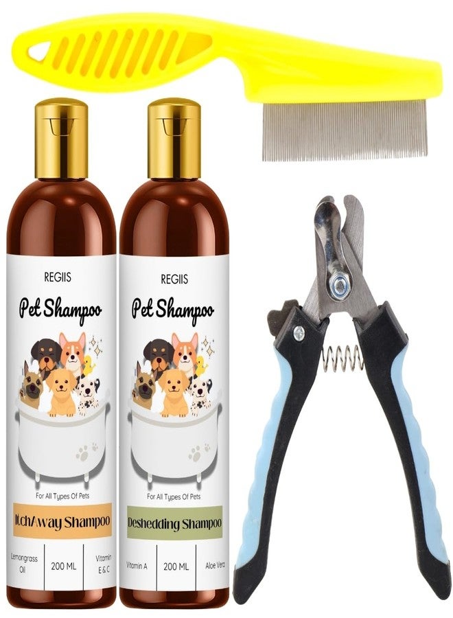 مجموعة ريجيس للعناية بالحيوانات الأليفة، مجموعة من 4 قطع تتضمن شامبو مضاد للحكة ومزيل للشعر المتساقط، ومشط للبراغيث، ومقص أظافر للكلاب والقطط، 200 مل لكل قطعة - Image 1